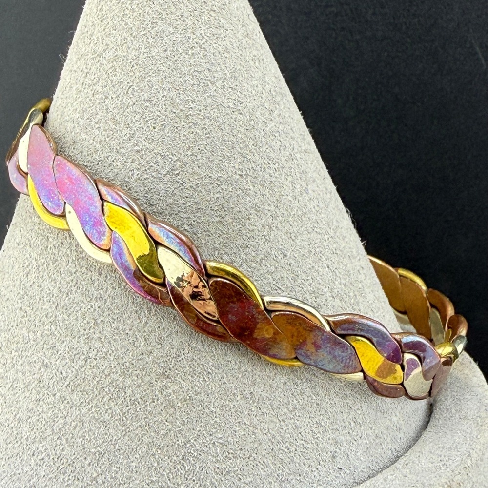 Vintage Cuff Bracelet Mixed Metal Braided Copper Brass Silver Tone 7.5" READ